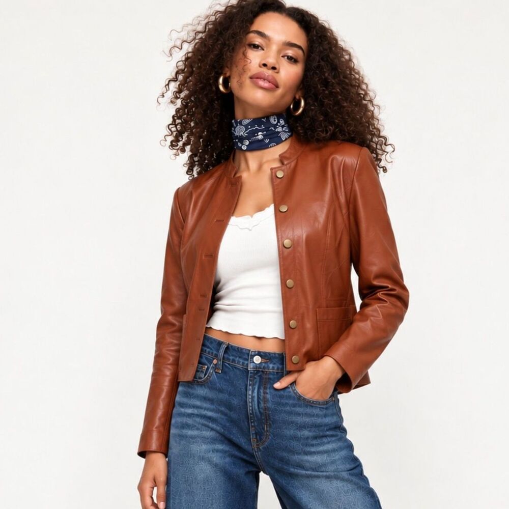 Talbots Women's Cognac/Chestnut Leather Jacket Stand Collar Button Front Size 10